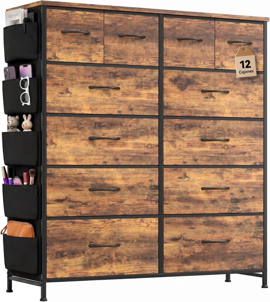 FURRIFIC Bedroom Dresser, with 12 Fabric Drawers, Side Pocket and Resistant Steel Structure, Clothes Organizer Furniture, Brown