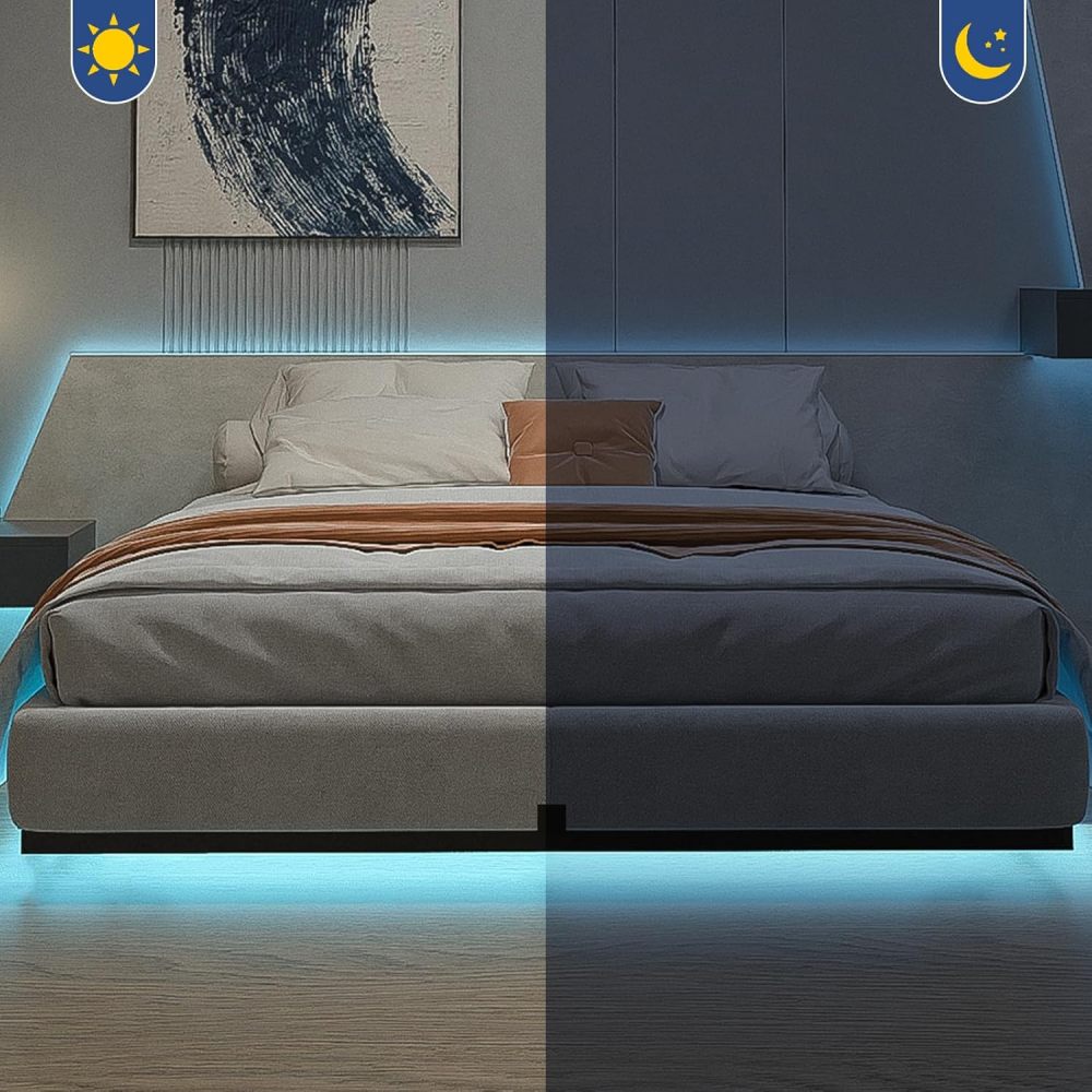 SAFONUS King Size Floating Bed Base - with Adjustable LED Lights, USB Power Strip, Metal Platform with Resistant Steel Slats with 9 Support Points, No Bed Base Needed