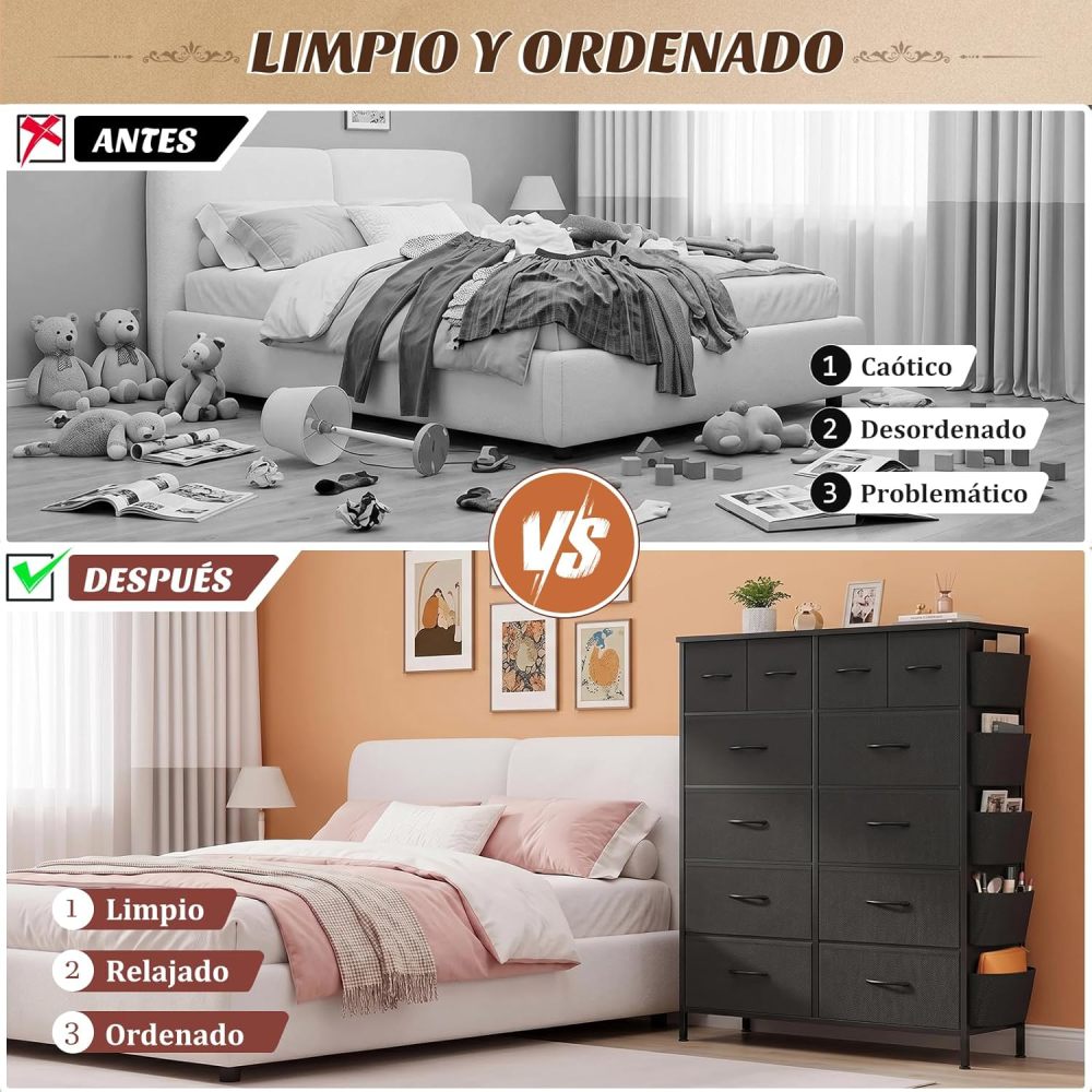 FURRIFIC Chest of Drawers for Bedroom, with 12 Fabric Drawers, Side Pocket and Resistant Steel Structure, Clothes Organizer Furniture, Black