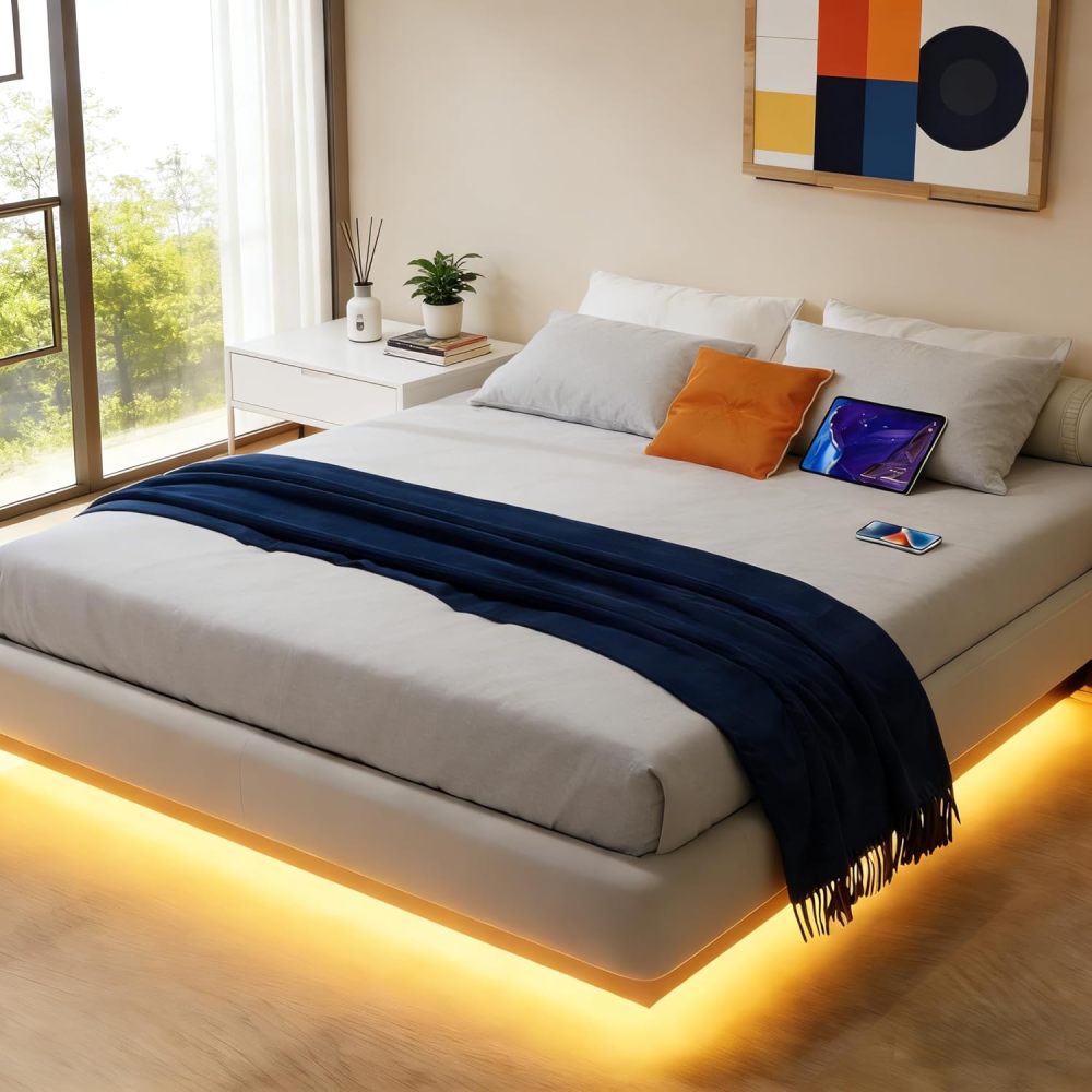 FURRIFIC Double Bed Base Floating - with Adjustable LED Lights, Power Strip with USB, Metal Platform with Resistant Steel Slats with 9 Support Points