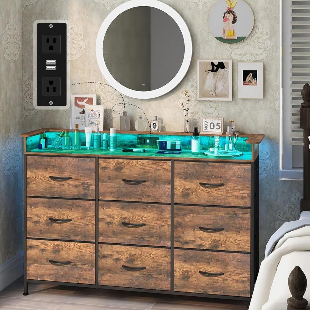 FURRIFIC Chest of Drawers for Bedroom, Bedroom Dresser with 9 Drawers, Dressers and Drawers with 2 Outputs and 2 USB Led Lights, Metal Structure Organizer, Home and Office Storage