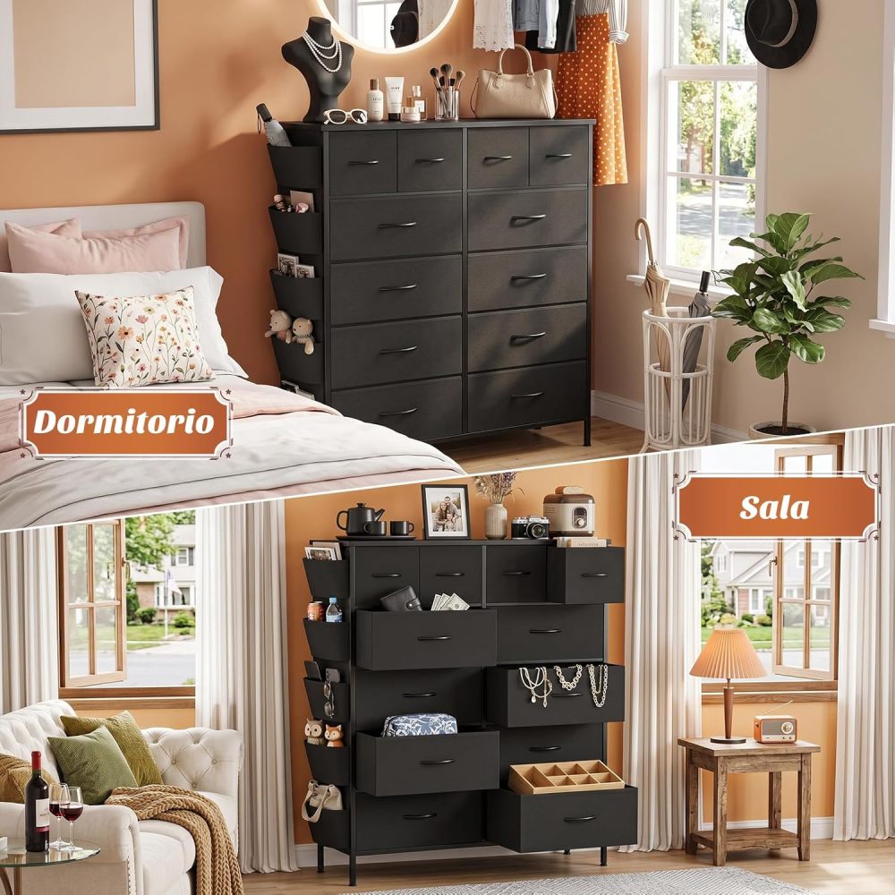 FURRIFIC Chest of Drawers for Bedroom, with 12 Fabric Drawers, Side Pocket and Resistant Steel Structure, Clothes Organizer Furniture, Black