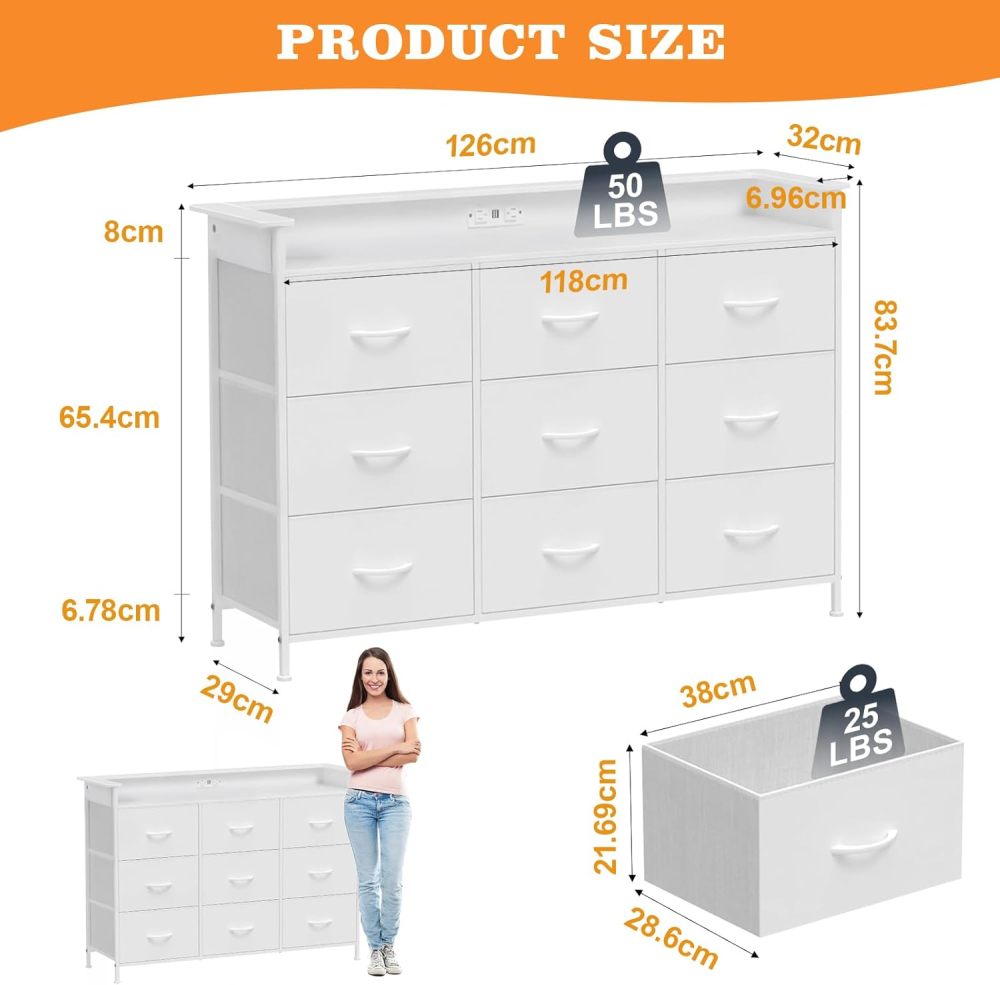 FURRIFIC Chest of Drawers for Bedroom, Dressers and Drawers with 2 Outputs and 2 USB Led Lights, Metal Structure Organizer Furniture with 9 Drawers, Home and Office Storage (White)