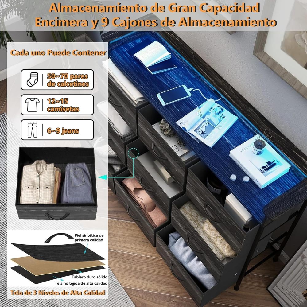 FURRIFIC Chest of Drawers for Bedroom, Dressers and Drawers with 2 Outlets and 2 USB Led Lights, Bedroom Dresser with 9 Drawers, Metal Structure Organizer, Home and Office Storage
