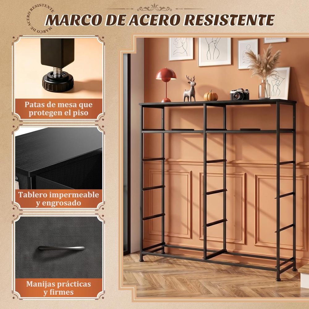 FURRIFIC Chest of Drawers for Bedroom, with 12 Fabric Drawers, Side Pocket and Resistant Steel Structure, Clothes Organizer Furniture, Black