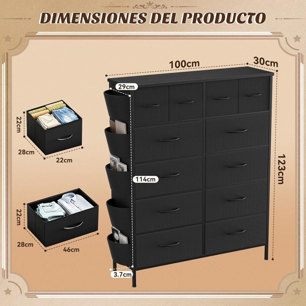 FURRIFIC Chest of Drawers for Bedroom, with 12 Fabric Drawers, Side Pocket and Resistant Steel Structure, Clothes Organizer Furniture, Black