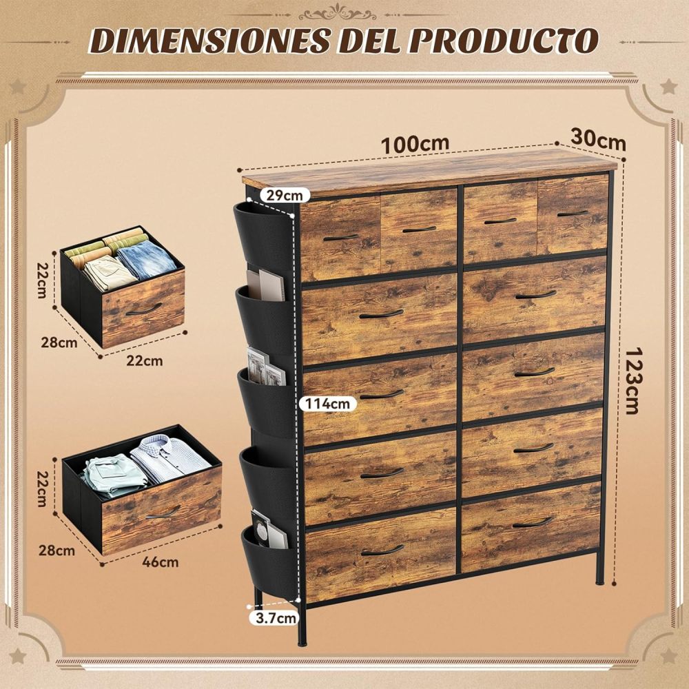 FURRIFIC Bedroom Dresser, with 12 Fabric Drawers, Side Pocket and Resistant Steel Structure, Clothes Organizer Furniture, Brown