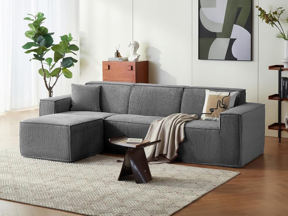 106-Inch Modular Sofa, L-Shaped Corduroy Modular Sofa Without Bone With Deep Seat and Cloud Ottoman Sofa, Upholstered Sofas For Living Room and Bedroom, No Assembly Required (Black)