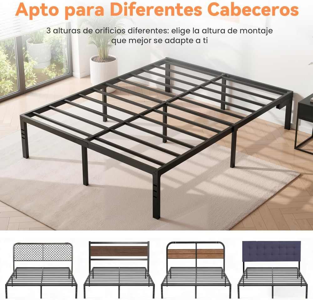 FURRIFIC Double Bed Base Metal with Plugs–2 AC Sockets + 2 USB Ports, 1.5m Cable, 3 Adjustable Heights for Headboard (Not Included), Durable and Durable Metal Bed Base