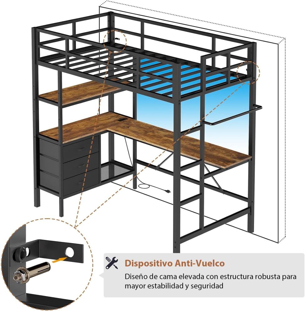 Single High Bunk Bed with L-Shaped Desk and USB Charging, High Bed with RGB LED Lights, 3 Shelves and 3 Fabric Drawers, Sturdy Metal Frame, Bunk Bed with Storage for Children and Teenagers