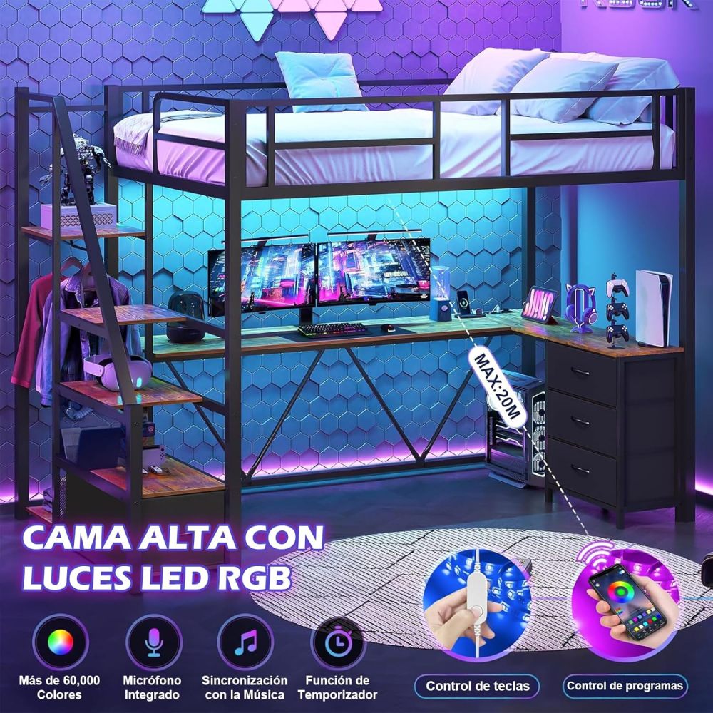 FURRIFIC Bunk Bed with L-shaped Desk and Wardrobe, Metal High Bed with Ladder with Drawers, LED and USB Ports, for Teenagers or Small Spaces (Single)