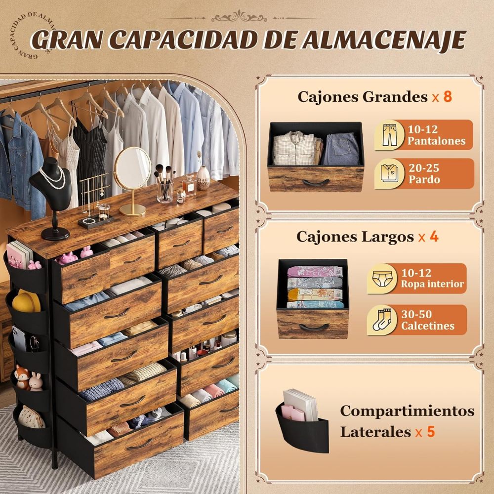 FURRIFIC Bedroom Dresser, with 12 Fabric Drawers, Side Pocket and Resistant Steel Structure, Clothes Organizer Furniture, Brown