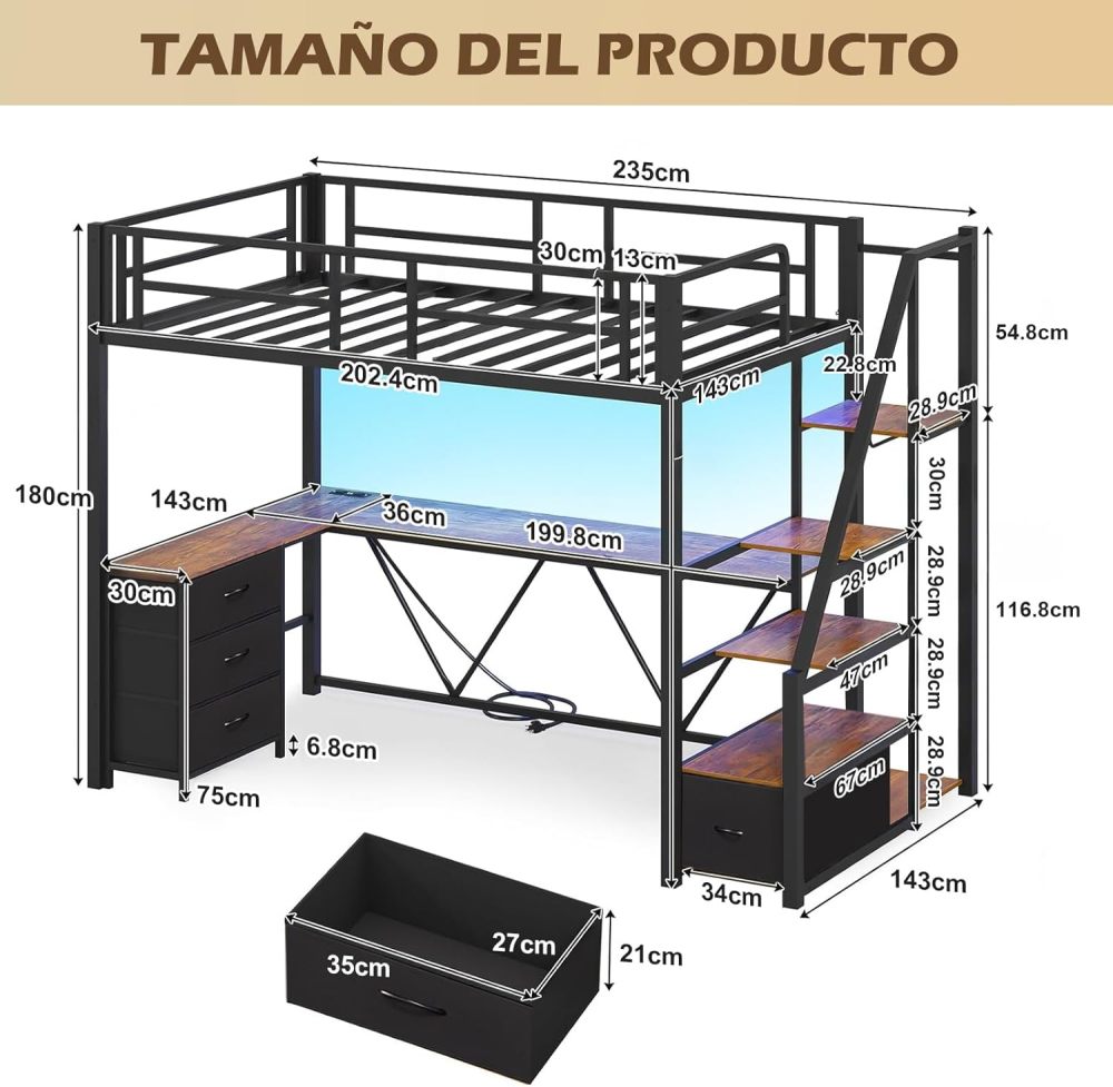 FURRIFIC Bunk Bed with L-shaped Desk and Wardrobe, High Metal Bed with Ladder with Drawers, LED and USB Ports, for Teenagers or Small Spaces (Matrimonial)