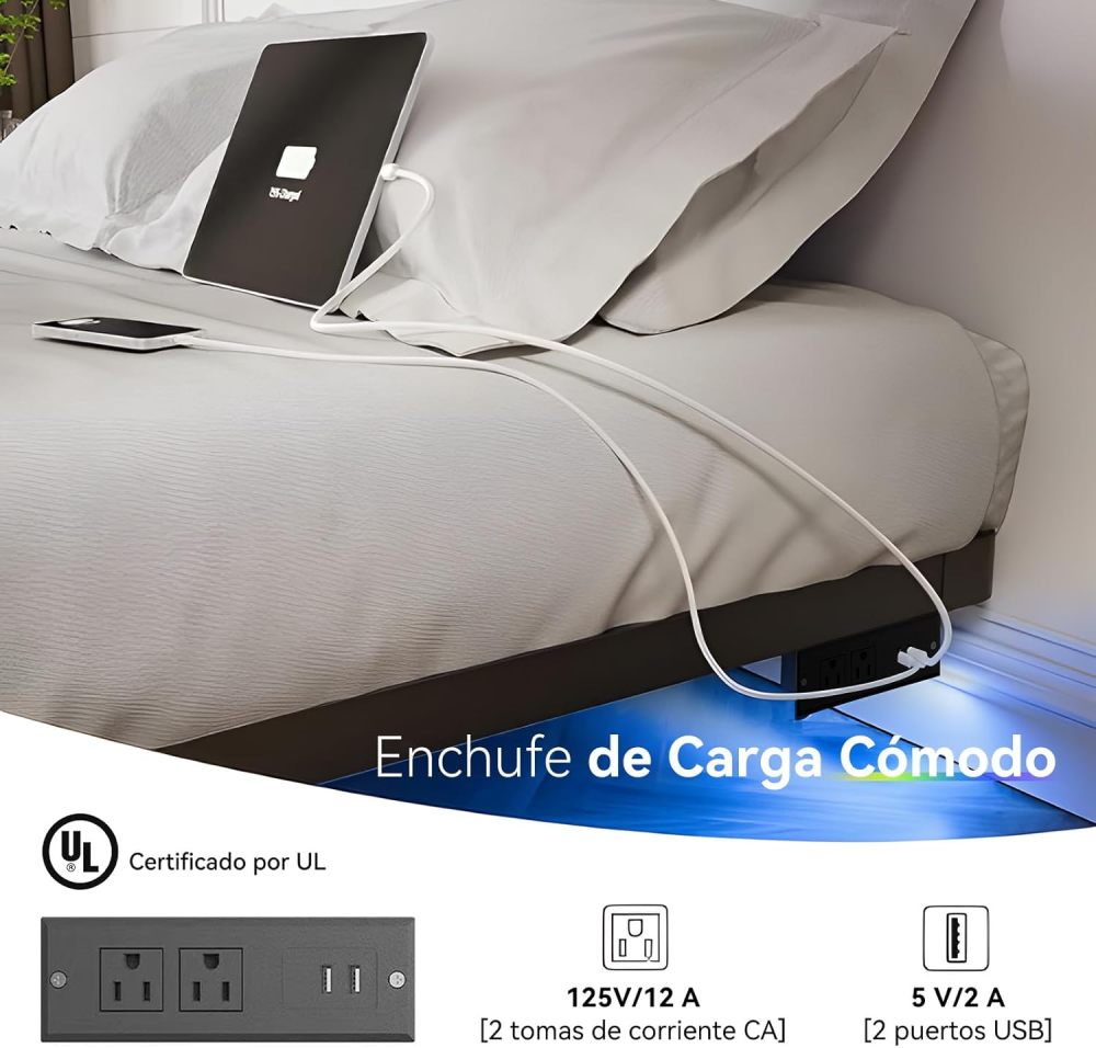SAFONUS King Size Floating Bed Base - with Adjustable LED Lights, USB Power Strip, Metal Platform with Resistant Steel Slats with 9 Support Points, No Bed Base Needed