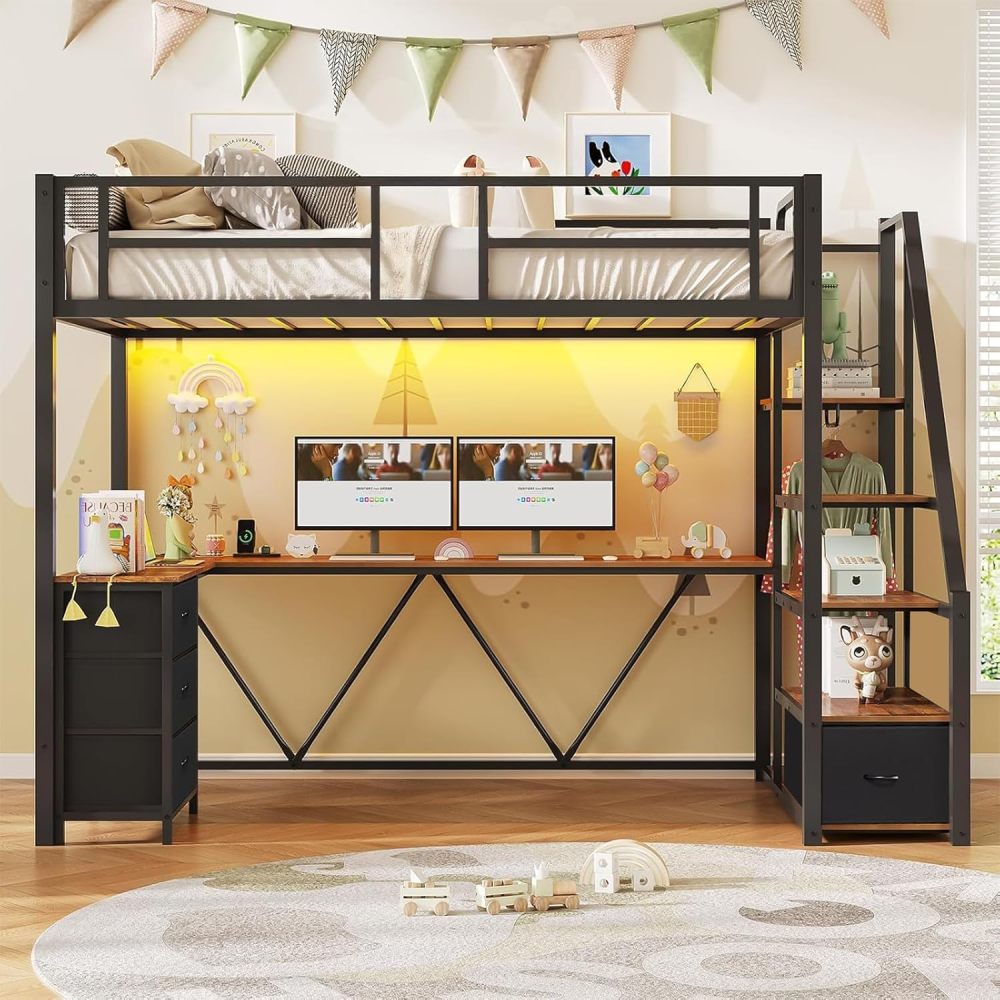 FURRIFIC Bunk Bed with L-shaped Desk and Wardrobe, High Metal Bed with Ladder with Drawers, LED and USB Ports, for Teenagers or Small Spaces (Matrimonial)