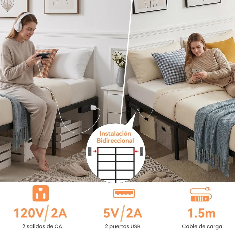 FURRIFIC Double Bed Base Metal with Plugs–2 AC Sockets + 2 USB Ports, 1.5m Cable, 3 Adjustable Heights for Headboard (Not Included), Durable and Durable Metal Bed Base