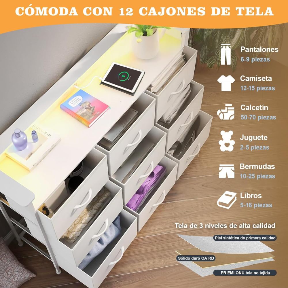 FURRIFIC Chest of Drawers for Bedroom, Dressers and Drawers with 2 Outputs and 2 USB Led Lights, Metal Structure Organizer Furniture with 9 Drawers, Home and Office Storage (White)