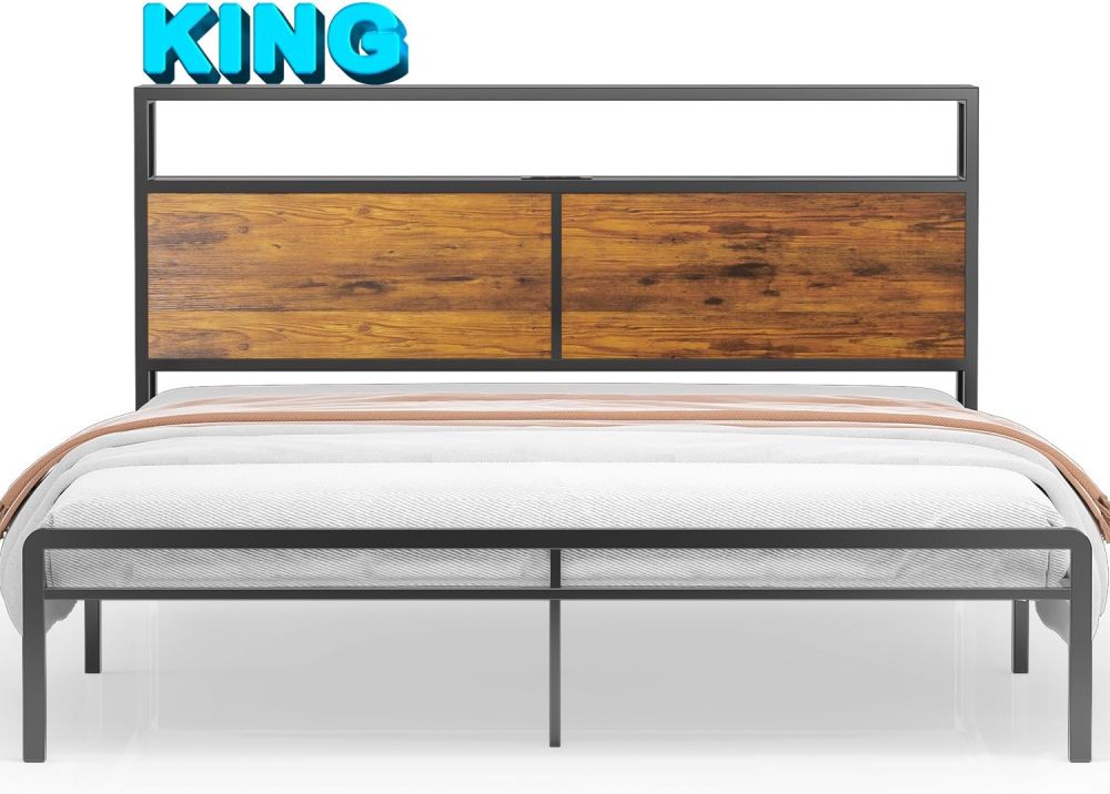 WELIKERA King Size Bed Base Headboard with Led Lights, King Double Bed Base with Built-in USB Charging Station and 2-Level Storage Space, Easy Assembly Bed Frame