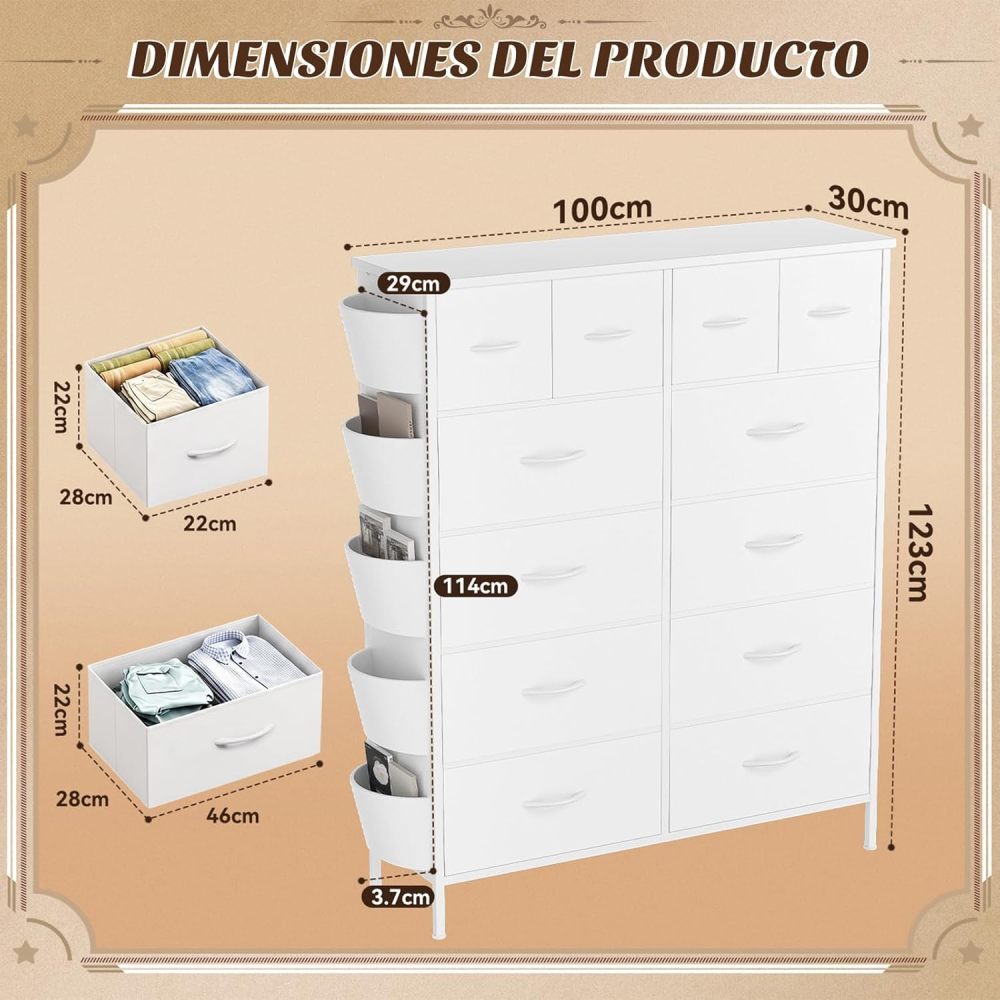 FURRIFIC Bedroom Dresser, with 12 Fabric Drawers, Side Pocket and Resistant Steel Structure, Clothes Organizer Furniture, White