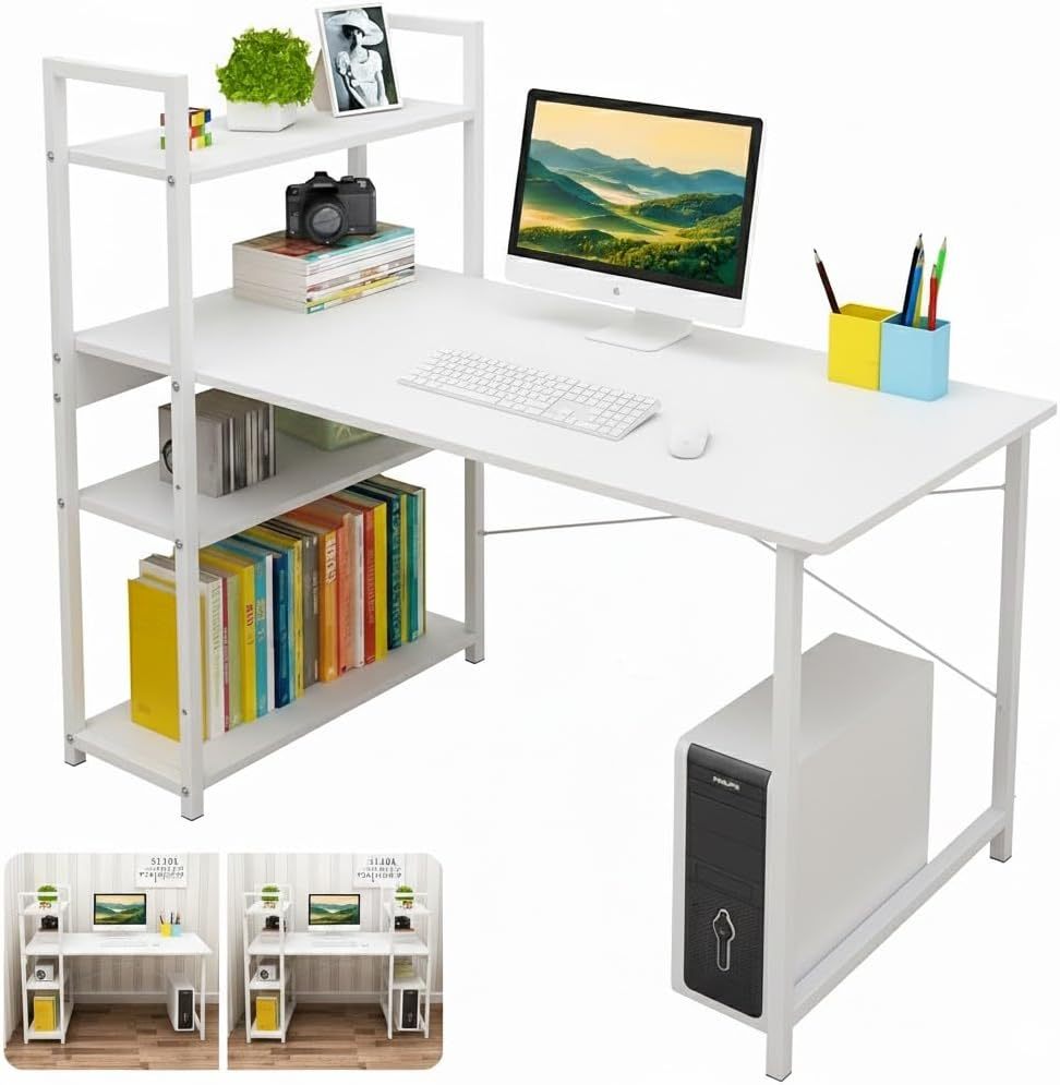 KACOTA Minimalist Desk with 3-Shelf Shelf, Computer Desk, Modern Metal Game Desk, Minimalist Style, Home Office Desks(100D*40W*100H)
