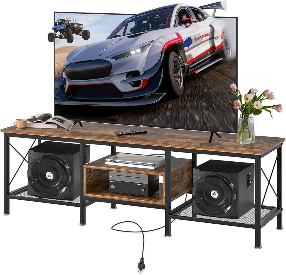 160cm Modern 75/70/65 Inch TV Stand with Power Strip, 160cm 3-Level TV Table (4 Outputs and 2 USB Ports), Entertainment Center, for Living Room, Bedroom, Dark Brown