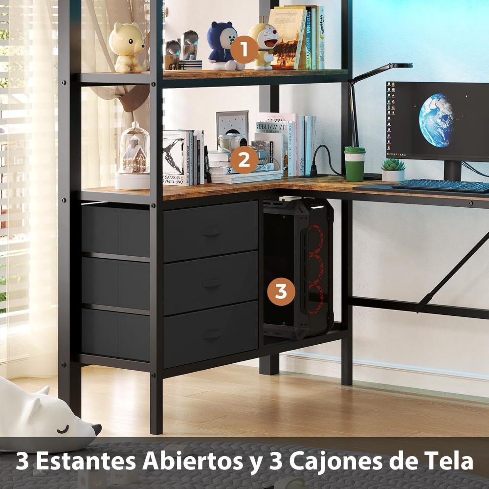 Single High Bunk Bed with L-Shaped Desk and USB Charging, High Bed with RGB LED Lights, 3 Shelves and 3 Fabric Drawers, Sturdy Metal Frame, Bunk Bed with Storage for Children and Teenagers