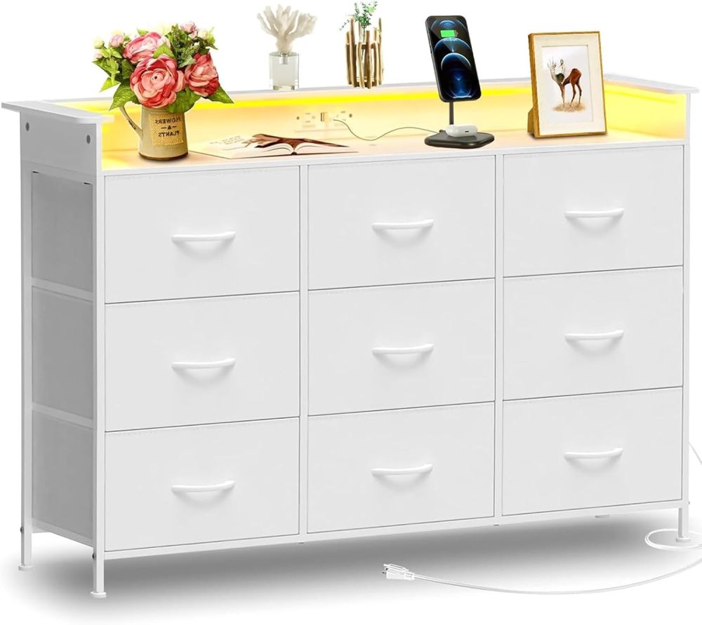 FURRIFIC Chest of Drawers for Bedroom, Dressers and Drawers with 2 Outputs and 2 USB Led Lights, Metal Structure Organizer Furniture with 9 Drawers, Home and Office Storage (White)