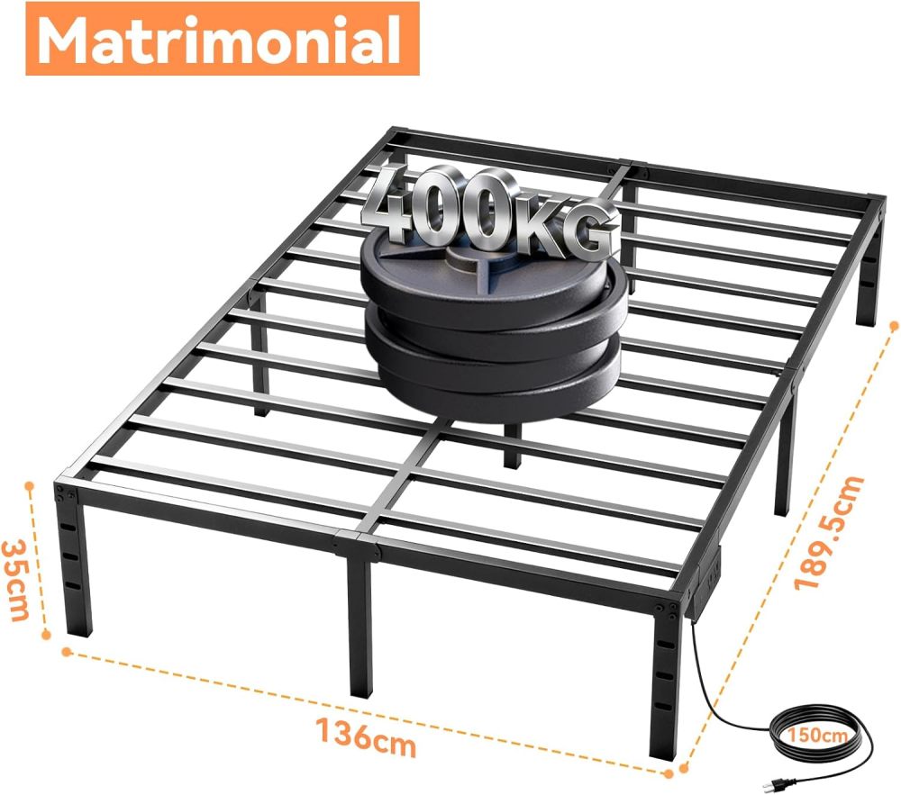 FURRIFIC Double Bed Base Metal with Plugs–2 AC Sockets + 2 USB Ports, 1.5m Cable, 3 Adjustable Heights for Headboard (Not Included), Durable and Durable Metal Bed Base