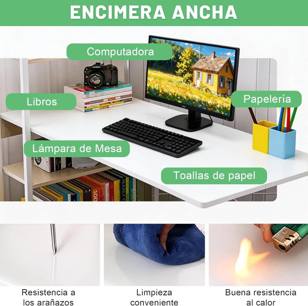 KACOTA Minimalist Desk with 3-Shelf Shelf, Computer Desk, Modern Metal Game Desk, Minimalist Style, Home Office Desks(100D*40W*100H)