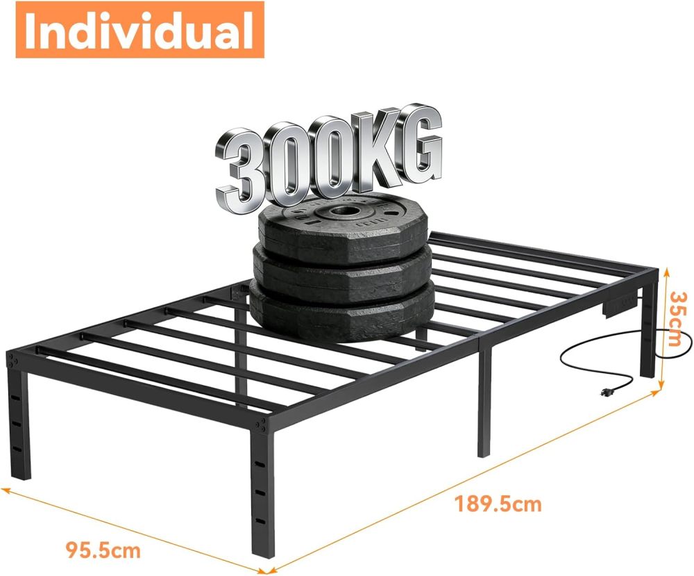 FURRIFIC Single Bed Base Metal with Plugs–2 AC Sockets + 2 USB Ports, 1.5m Cable, 3 Adjustable Heights for Headboard (Not Included), Metallic Bed Base Resistant and Durable