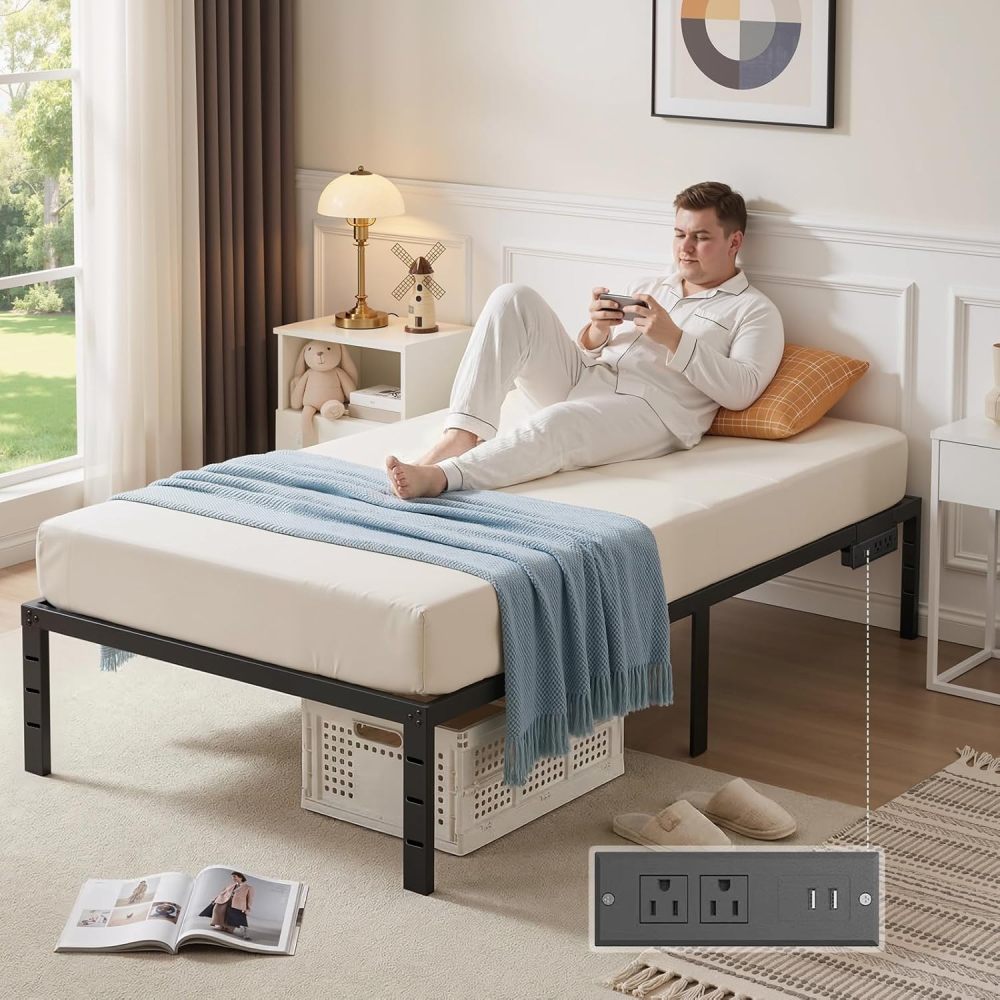 FURRIFIC Single Bed Base Metal with Plugs–2 AC Sockets + 2 USB Ports, 1.5m Cable, 3 Adjustable Heights for Headboard (Not Included), Metallic Bed Base Resistant and Durable