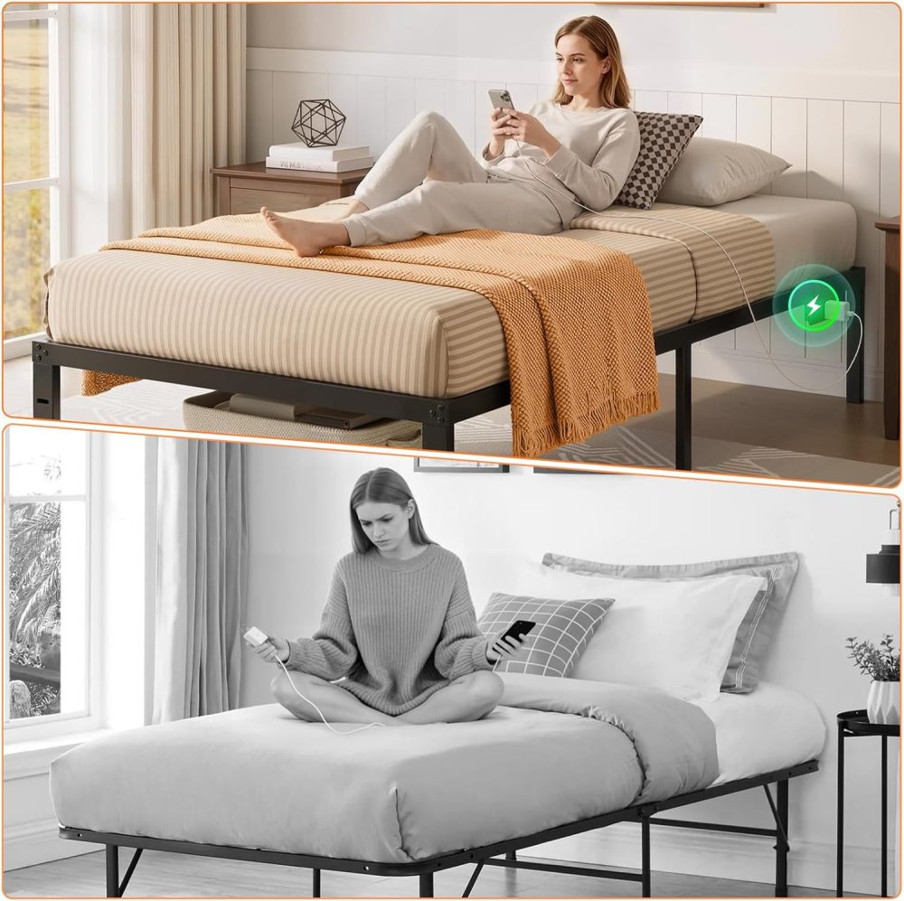 FURRIFIC Single Bed Base Metal with Plugs–2 AC Sockets + 2 USB Ports, 1.5m Cable, 3 Adjustable Heights for Headboard (Not Included), Metallic Bed Base Resistant and Durable