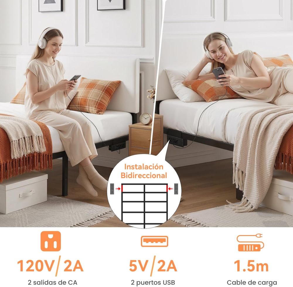 FURRIFIC Single Bed Base Metal with Plugs–2 AC Sockets + 2 USB Ports, 1.5m Cable, 3 Adjustable Heights for Headboard (Not Included), Metallic Bed Base Resistant and Durable
