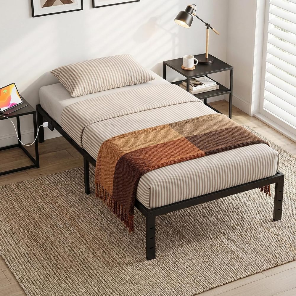 FURRIFIC Single Bed Base Metal with Plugs–2 AC Sockets + 2 USB Ports, 1.5m Cable, 3 Adjustable Heights for Headboard (Not Included), Metallic Bed Base Resistant and Durable
