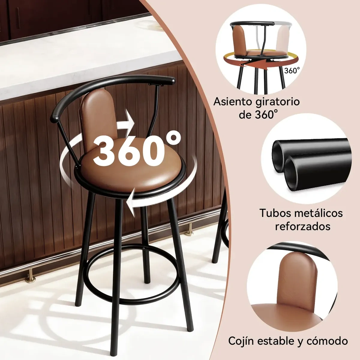 Set of 2 Swivel Bar Stools with Backrest