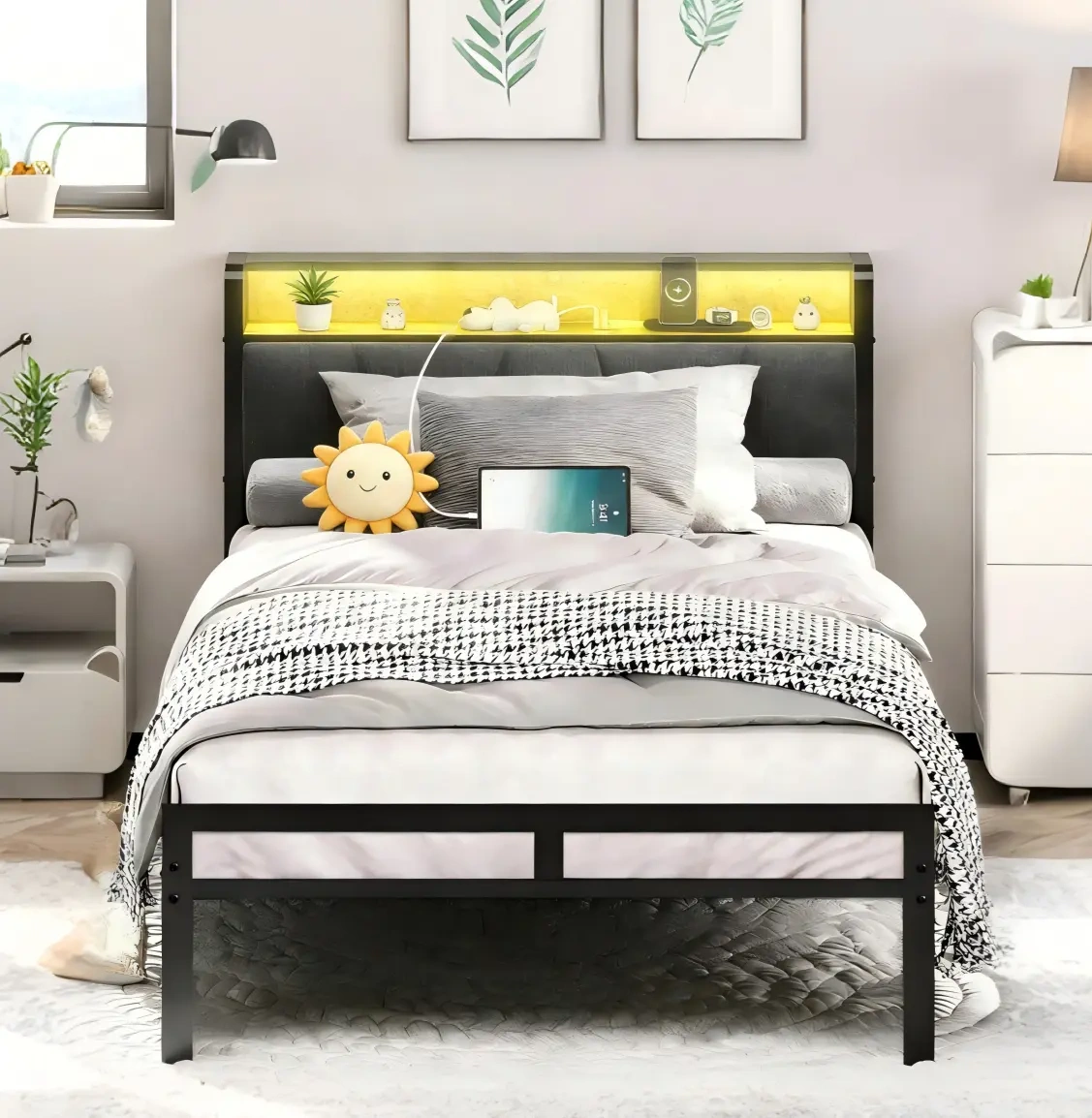 Single Bed Bases With Led Light Storage Headboard