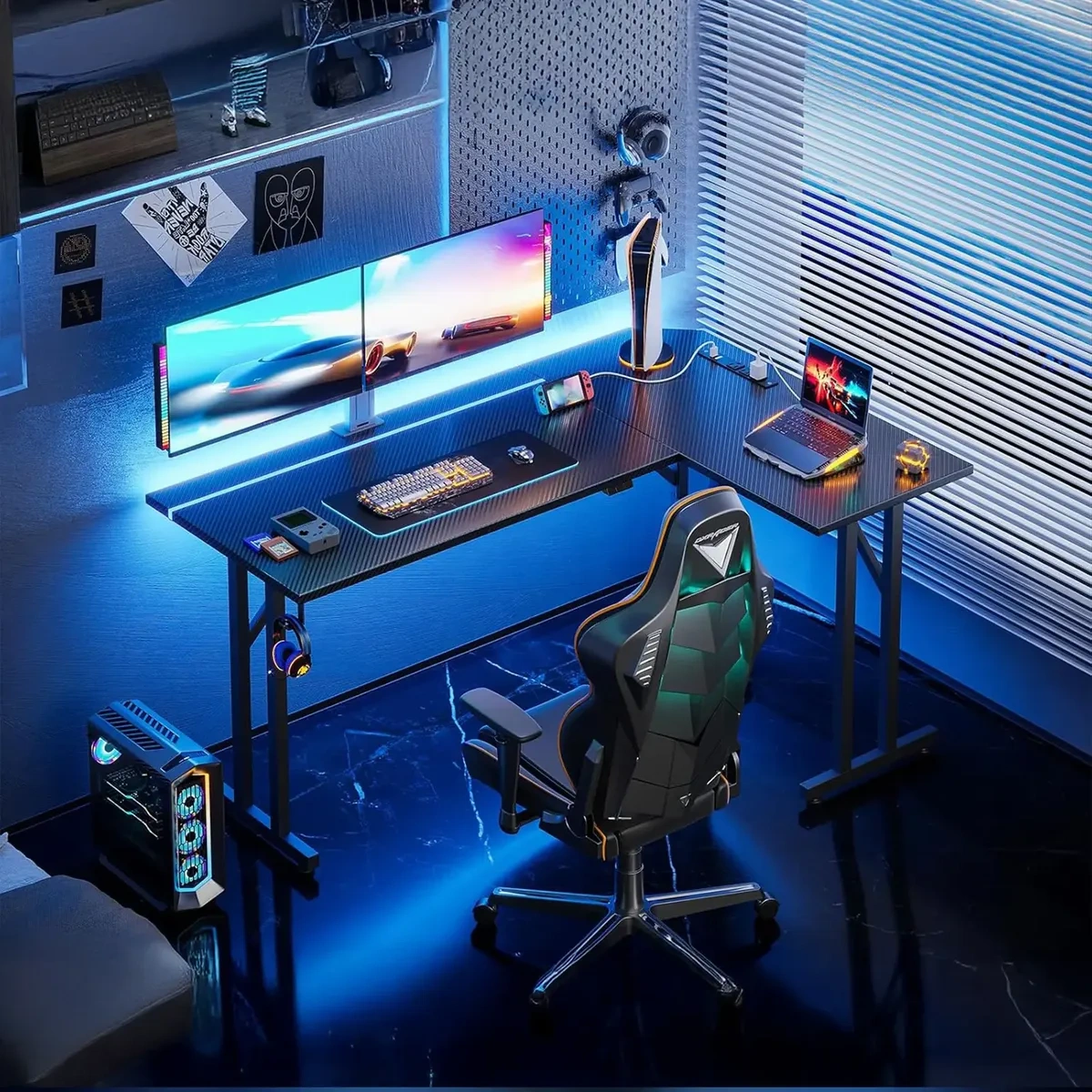L-Shaped Gaming Desk with LED Lights