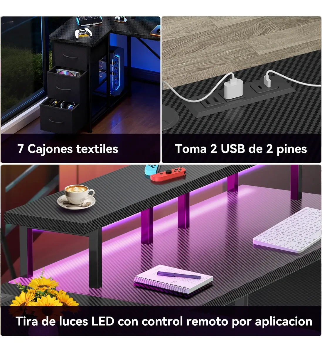 Reversible L-Shaped Desk with 3 Drawers and Led Lights