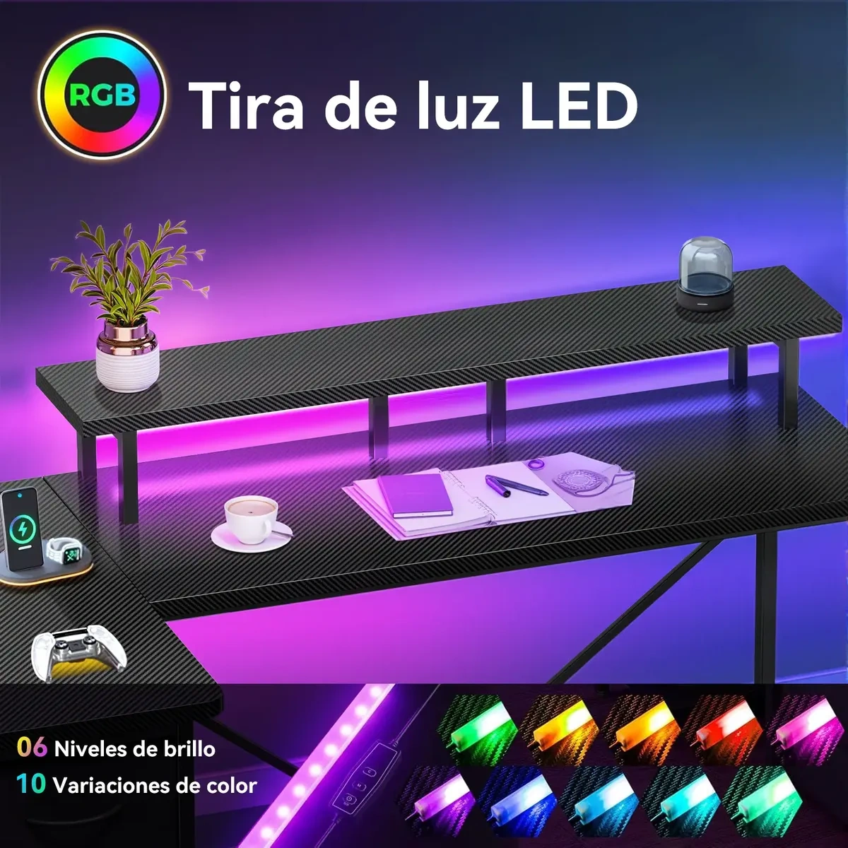 Reversible L-Shaped Desk with 3 Drawers and Led Lights