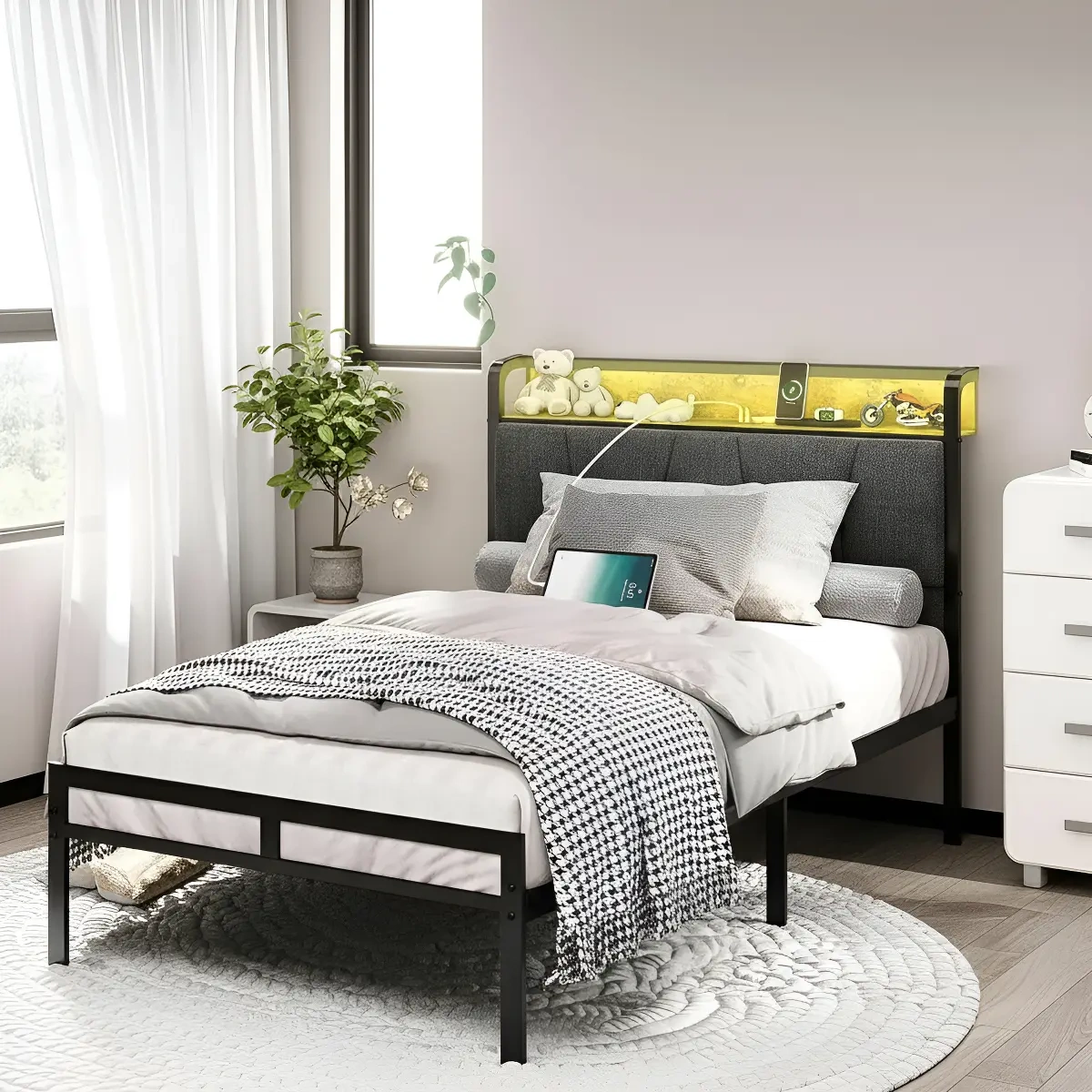 Single Bed Bases With Led Light Storage Headboard