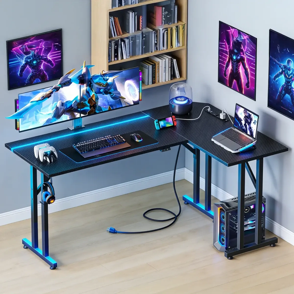 L-Shaped Gaming Desk with LED Lights