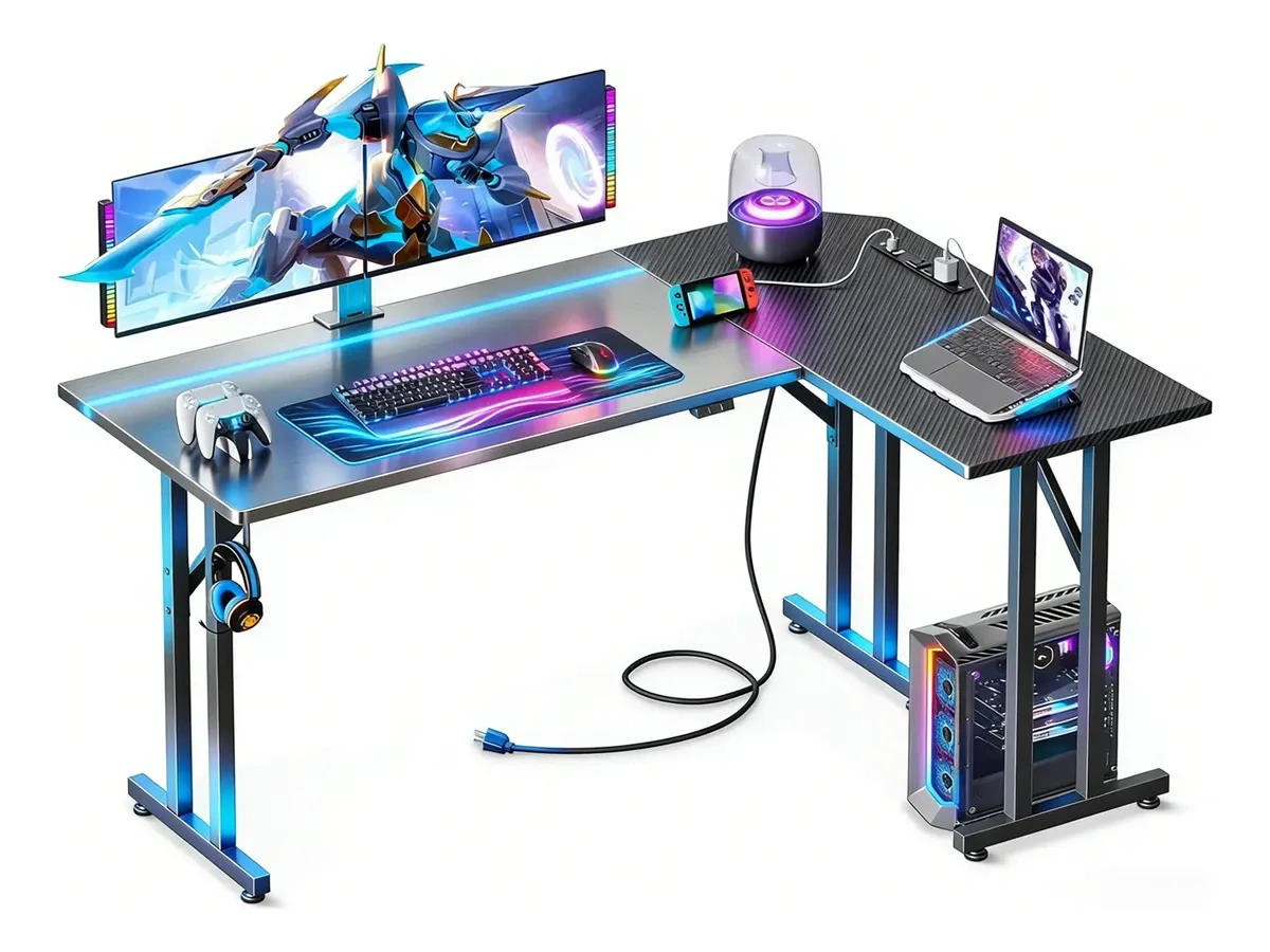 L-Shaped Gaming Desk with LED Lights