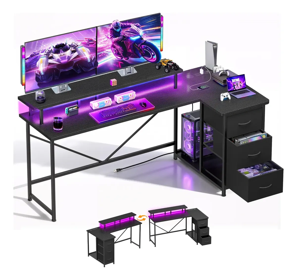 Reversible L-Shaped Desk with 3 Drawers and Led Lights