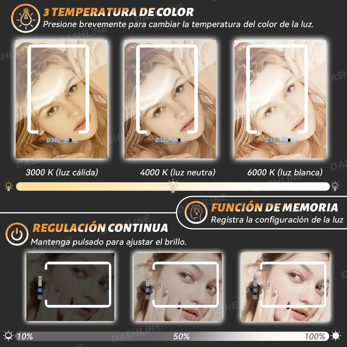 Dashline®mirror with Led Light Touch Furniture 3mode Anti-fog65x80