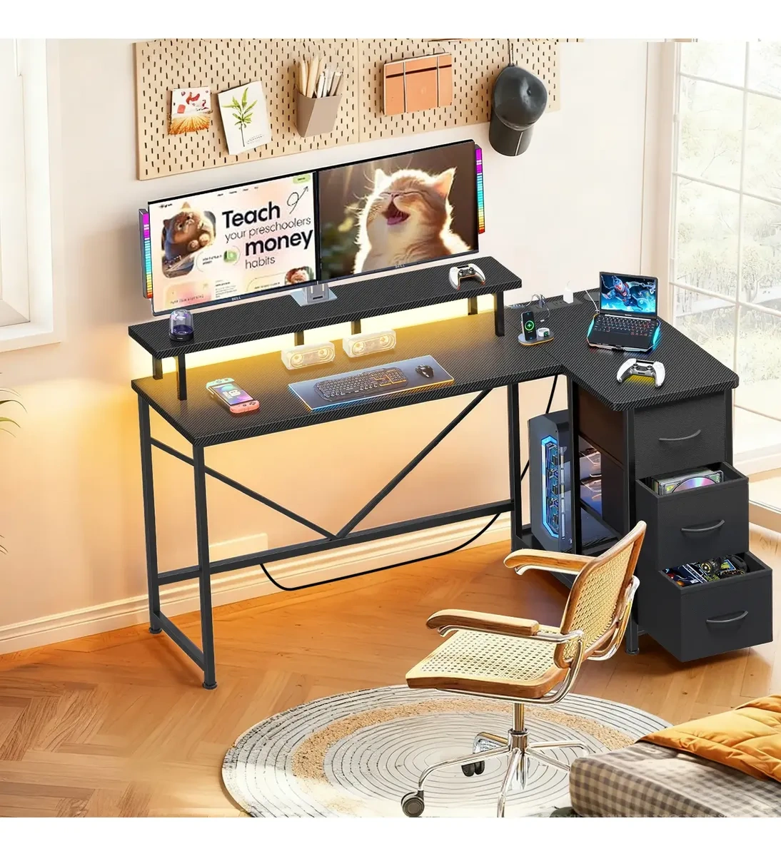 Reversible L-Shaped Desk with 3 Drawers and Led Lights