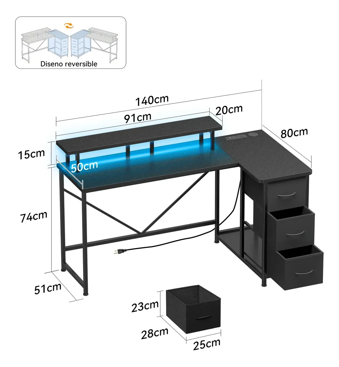 Reversible L-Shaped Desk with 3 Drawers and Led Lights
