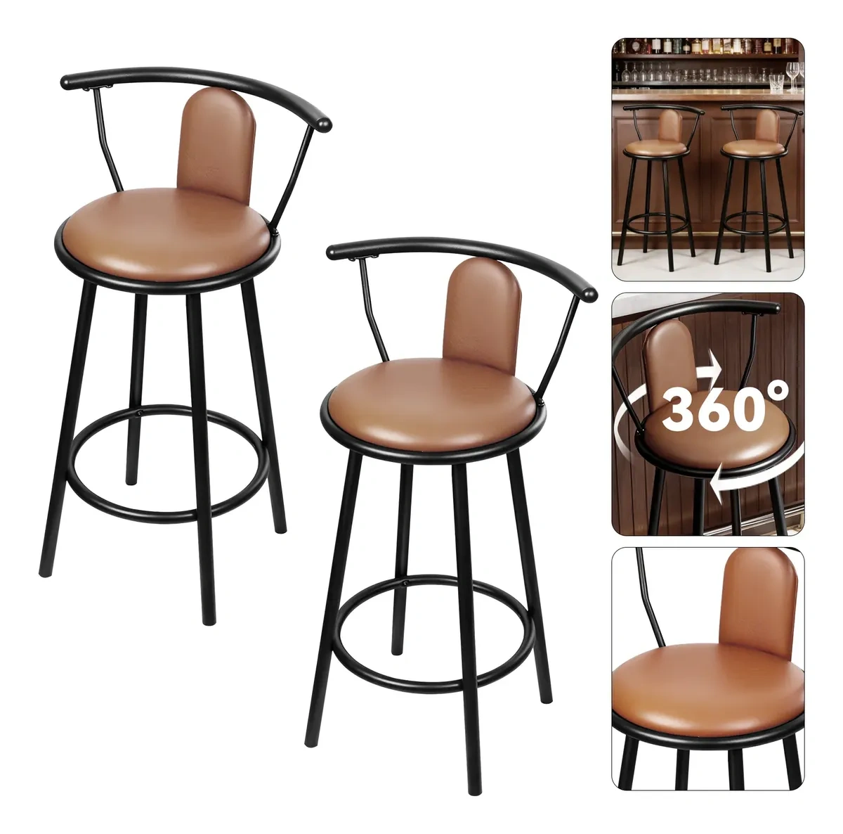 Set of 2 Swivel Bar Stools with Backrest