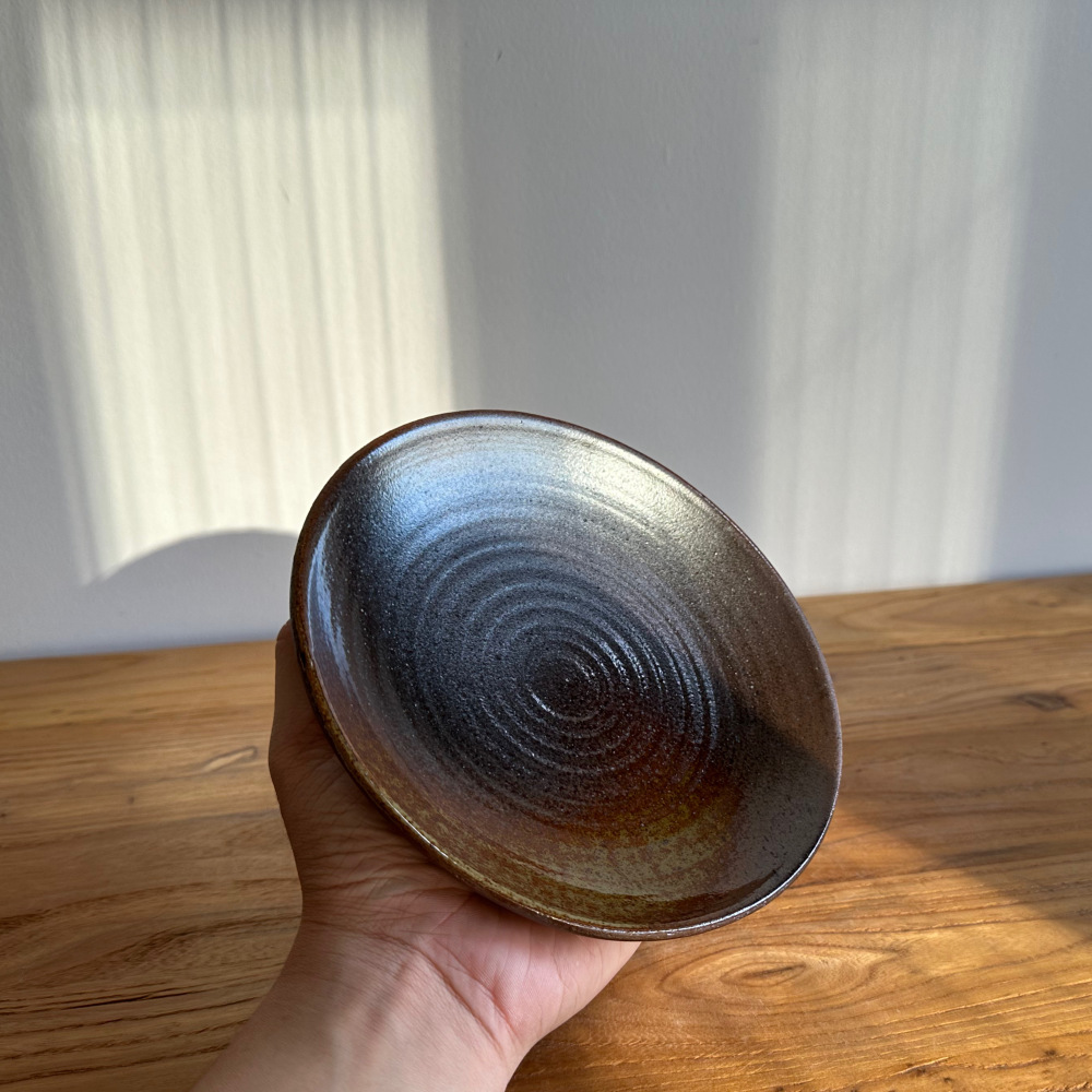 Handcrafted Ceramic Teapot Tray, Wabi Sabi Style with Concentric Spiral Texture & Dark Brown Gradient Glaze, Multi-Use Tea Ceremony Accessory