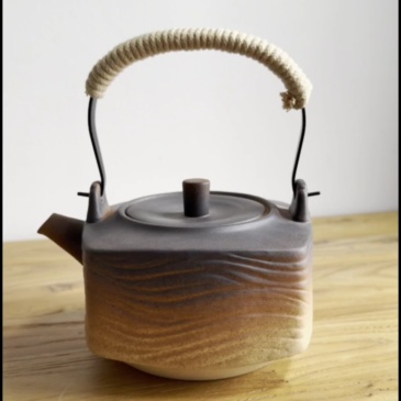 800ml Stovetop Safe Raw Ore Clay Top Handle Teapot, Unique Square Shape Wave Texture Handcrafted Gradient Glaze Pottery Tea Kettle with Heat-Resistant Hemp Wrapped Handle, Open Flame Safe for Loose Leaf Tea Brewing