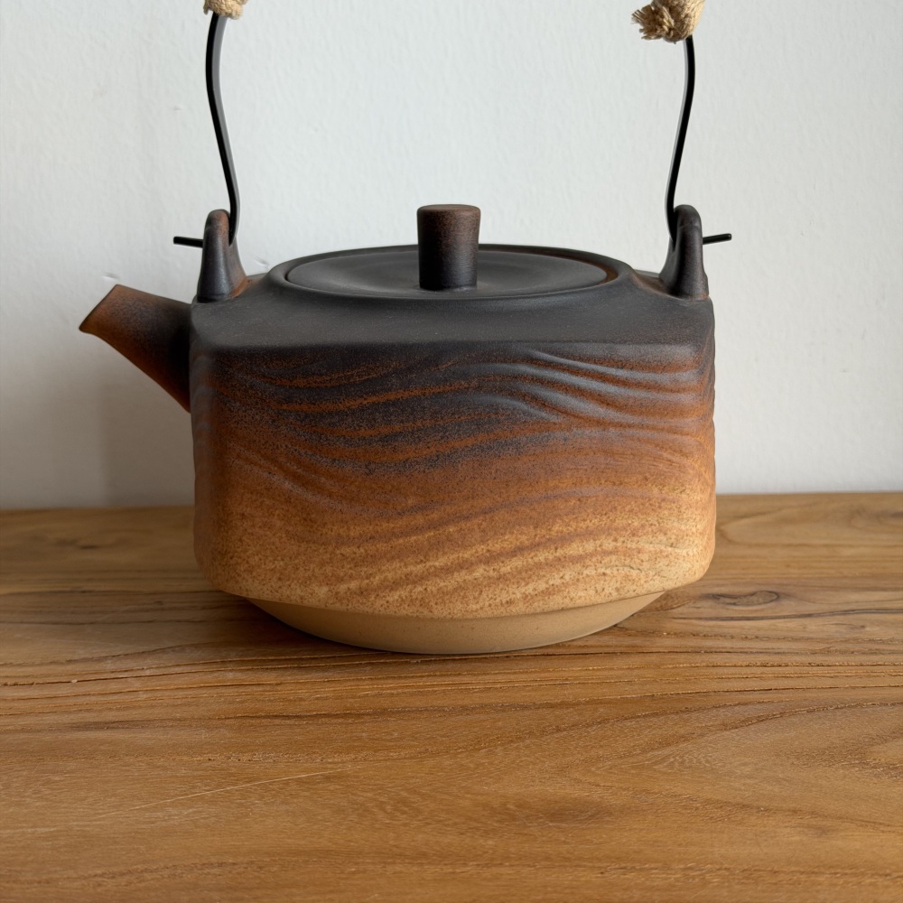 800ml Stovetop Safe Raw Ore Clay Top Handle Teapot, Unique Square Shape Wave Texture Handcrafted Gradient Glaze Pottery Tea Kettle with Heat-Resistant Hemp Wrapped Handle, Open Flame Safe for Loose Leaf Tea Brewing